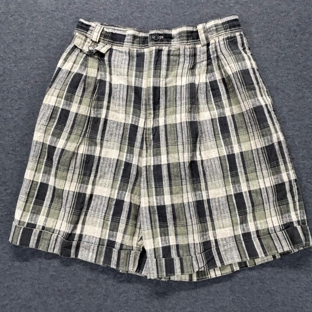 Rafaella‎ Shorts Womens 10 Plaid Linen Cotton Green Black Pleated Casual Summer